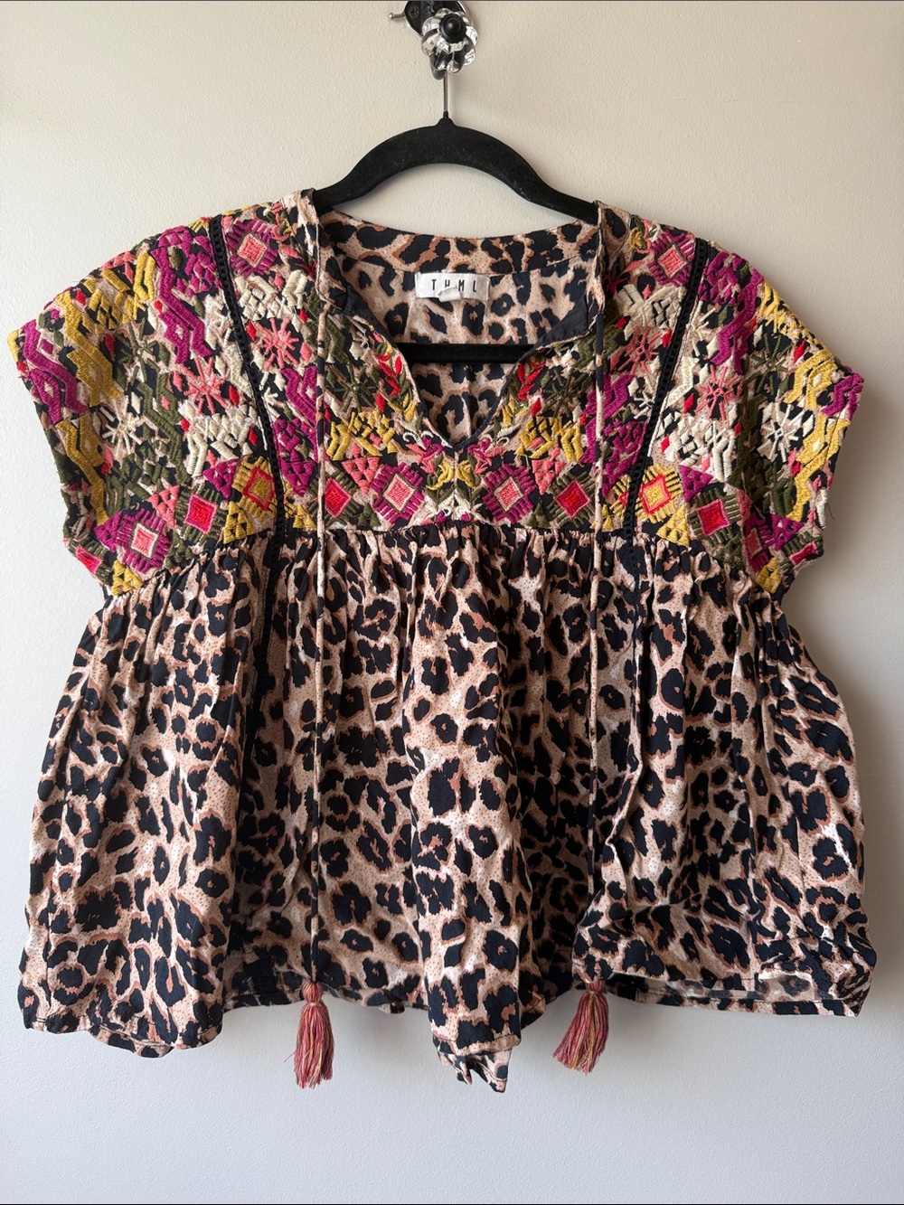 THML Leopard Print top with Embroidered Yoke tassel fall small oversized